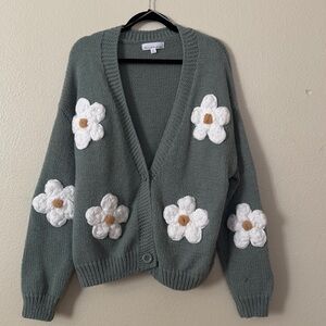 Floral Knit Cardigan Sweater - Green